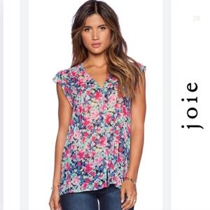 {Joie} Floral Silk Blouse Top Pink Cap Sleeve V Neck Small